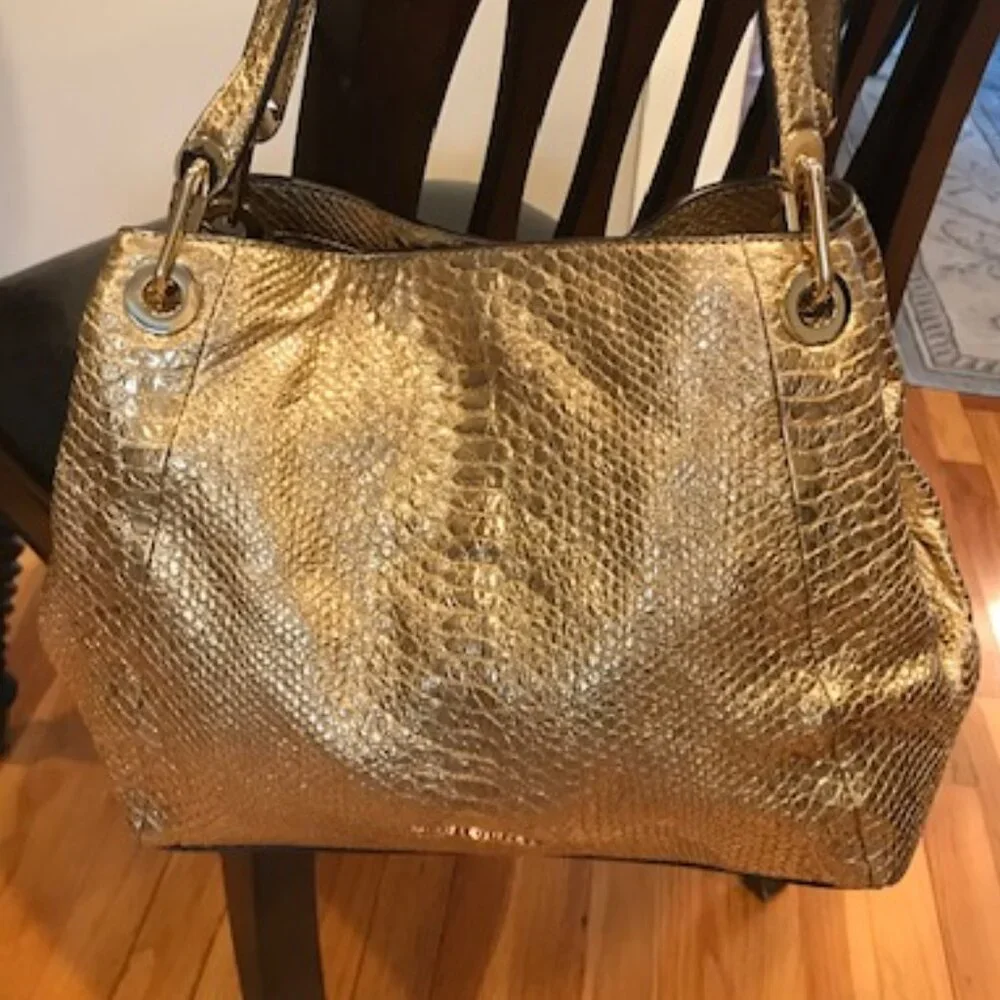 Michael Kors Raven Gold Metallic Embossed Shoulder Bag Tote - Picture 1 of 8